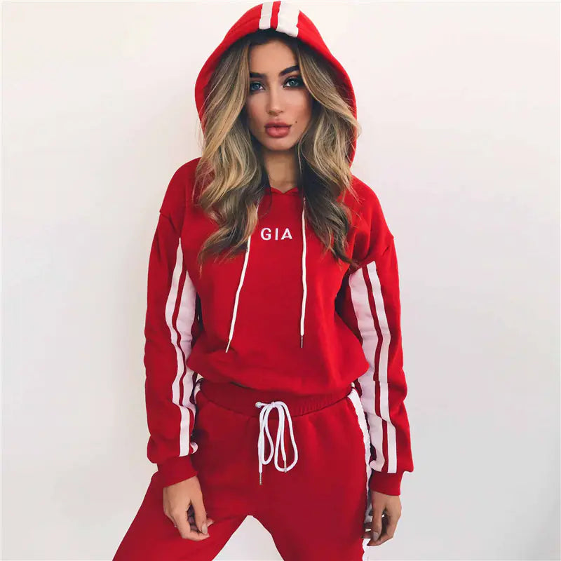 Color Block Striped Hoodie Casual Tracksuit Set