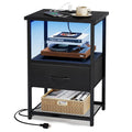 Fixwal Night Stand with Charging Station LED Nightstand with Fabric Drawers End Table with PU Finish Bedside Table Black