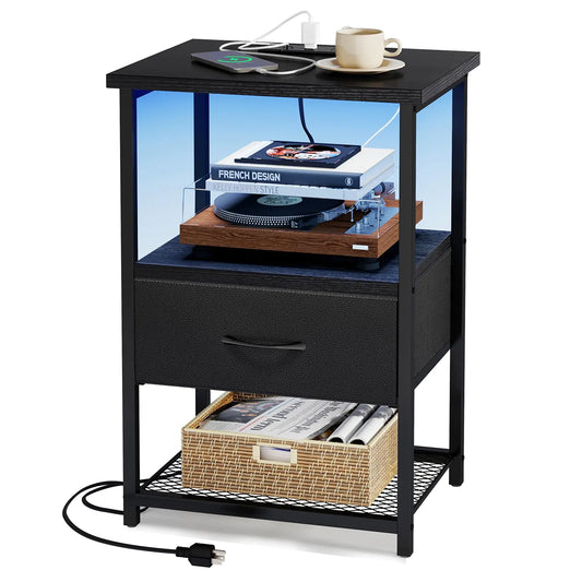 Fixwal Night Stand with Charging Station LED Nightstand with Fabric Drawers End Table with PU Finish Bedside Table Black