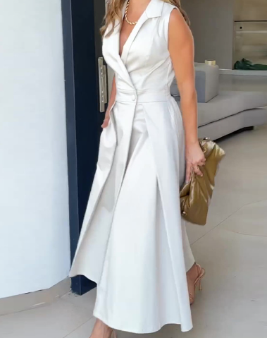 Elegant Classic Dress with Pleated Sleeveless Design (One Piece)