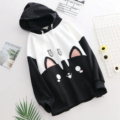 Cartoon Color Block Black and White Cat Embroidered Hoodie