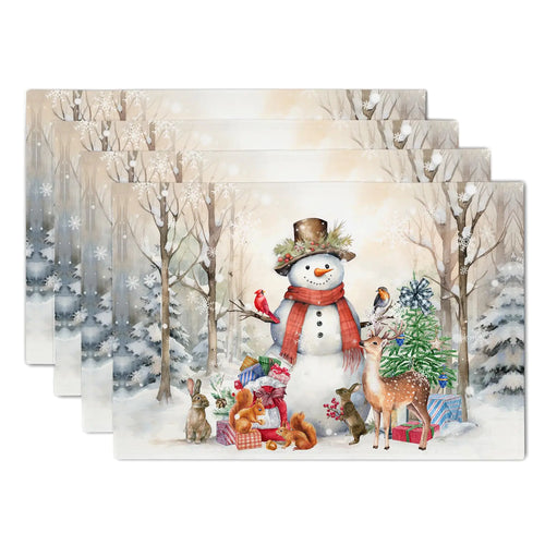 Winter Snowman Placemats Set of 4 Winter Forest Seasonal Place Mats 12 x 18 Inch Waterproof Seasonal Xmas Vinter Heat Resistant Table Mats for Snowflakes Holiday Party Home Kitchen Dining Decoration