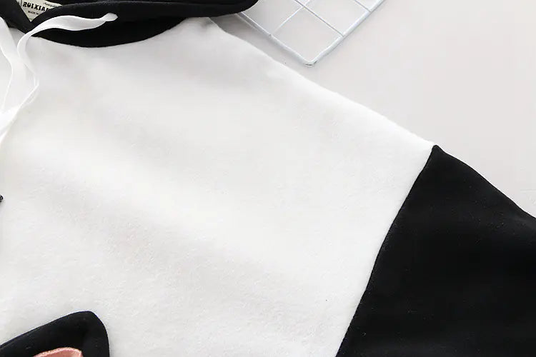 Cartoon Color Block Black and White Cat Embroidered Hoodie