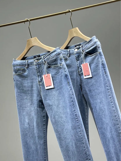 Ladies High Rise Straight Leg Jeans with Side Slit