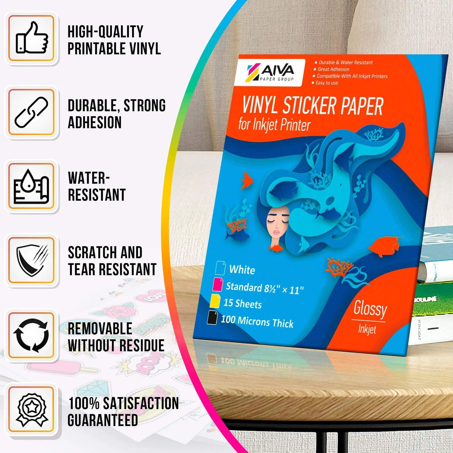 Printable Vinyl Sticker Paper for Inkjet Printer Glossy White 15 pcs Letter Size