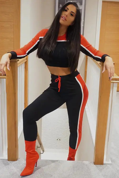 Trending Color Block Long Sleeve Top and Pants Casual Set
