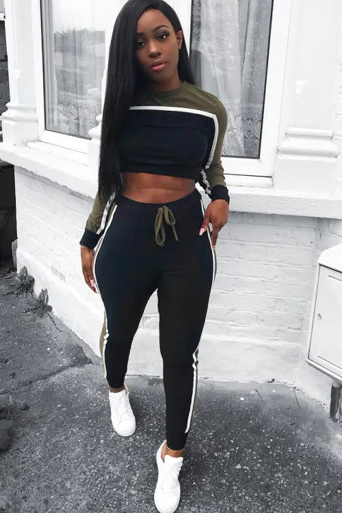 Trending Color Block Long Sleeve Top and Pants Casual Set