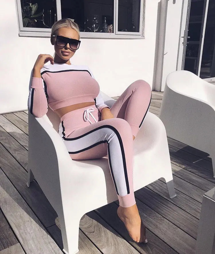 Trending Color Block Long Sleeve Top and Pants Casual Set