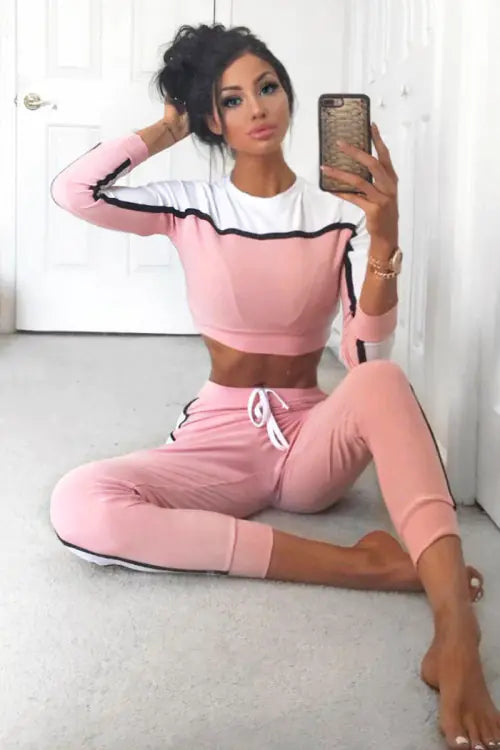 Trending Color Block Long Sleeve Top and Pants Casual Set