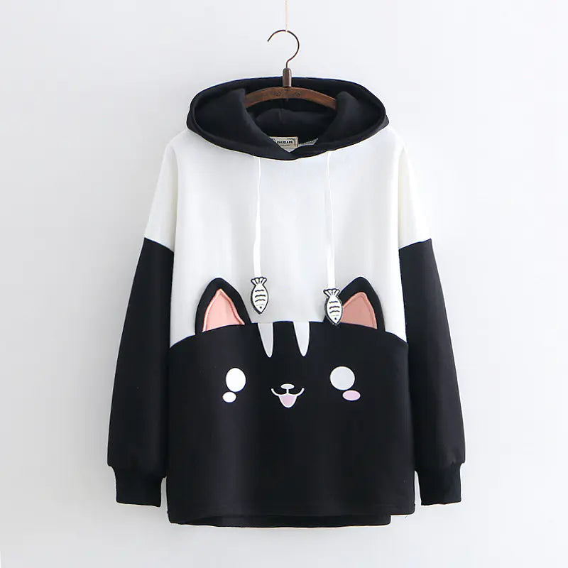 Cartoon Color Block Black and White Cat Embroidered Hoodie