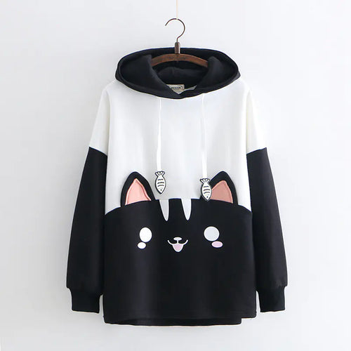 Cartoon Color Block Black and White Cat Embroidered Hoodie