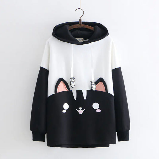 Cartoon Color Block Black and White Cat Embroidered Hoodie