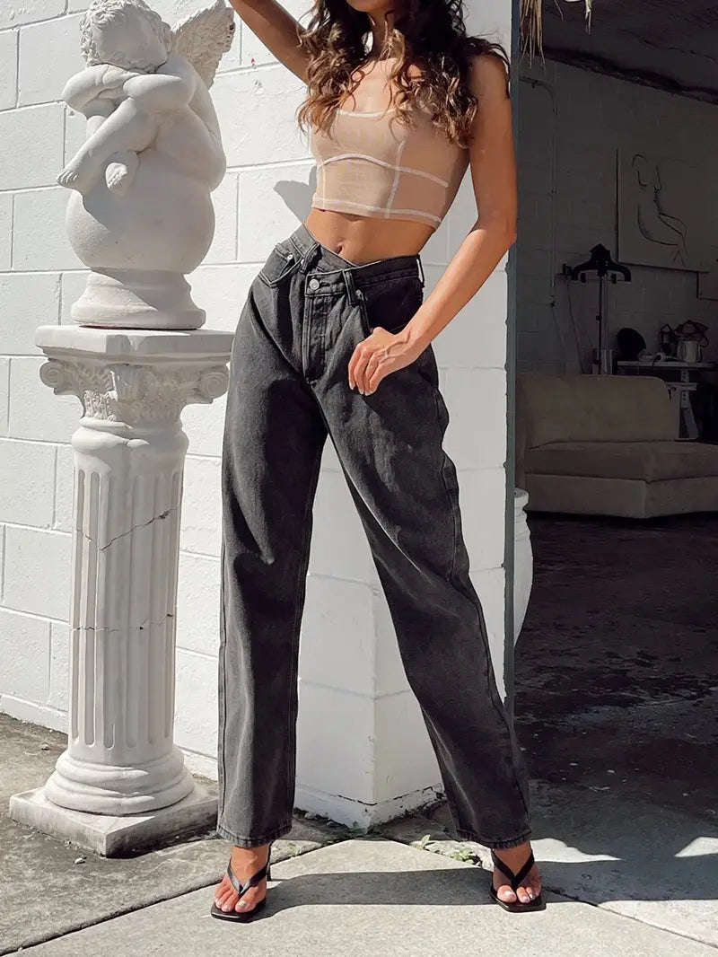 Gray High-Rise Straight Leg Baggy Jeans with Pockets