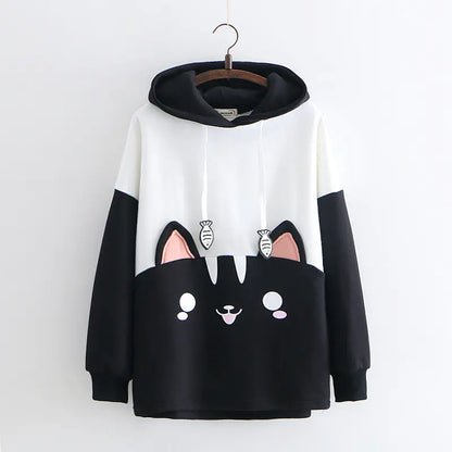 Cartoon Color Block Black and White Cat Embroidered Hoodie