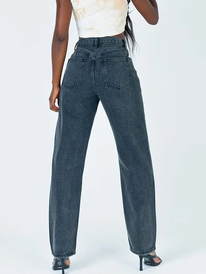 Gray High-Rise Straight Leg Baggy Jeans with Pockets