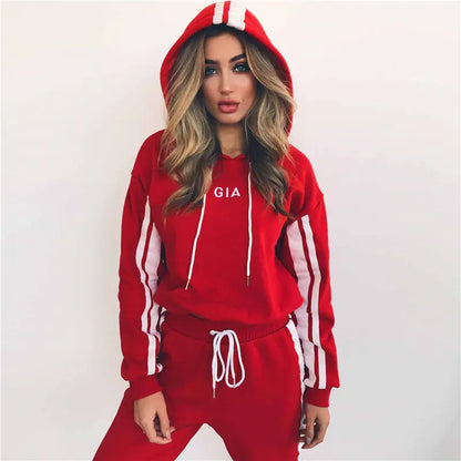 Color Block Striped Hoodie Casual Tracksuit Set