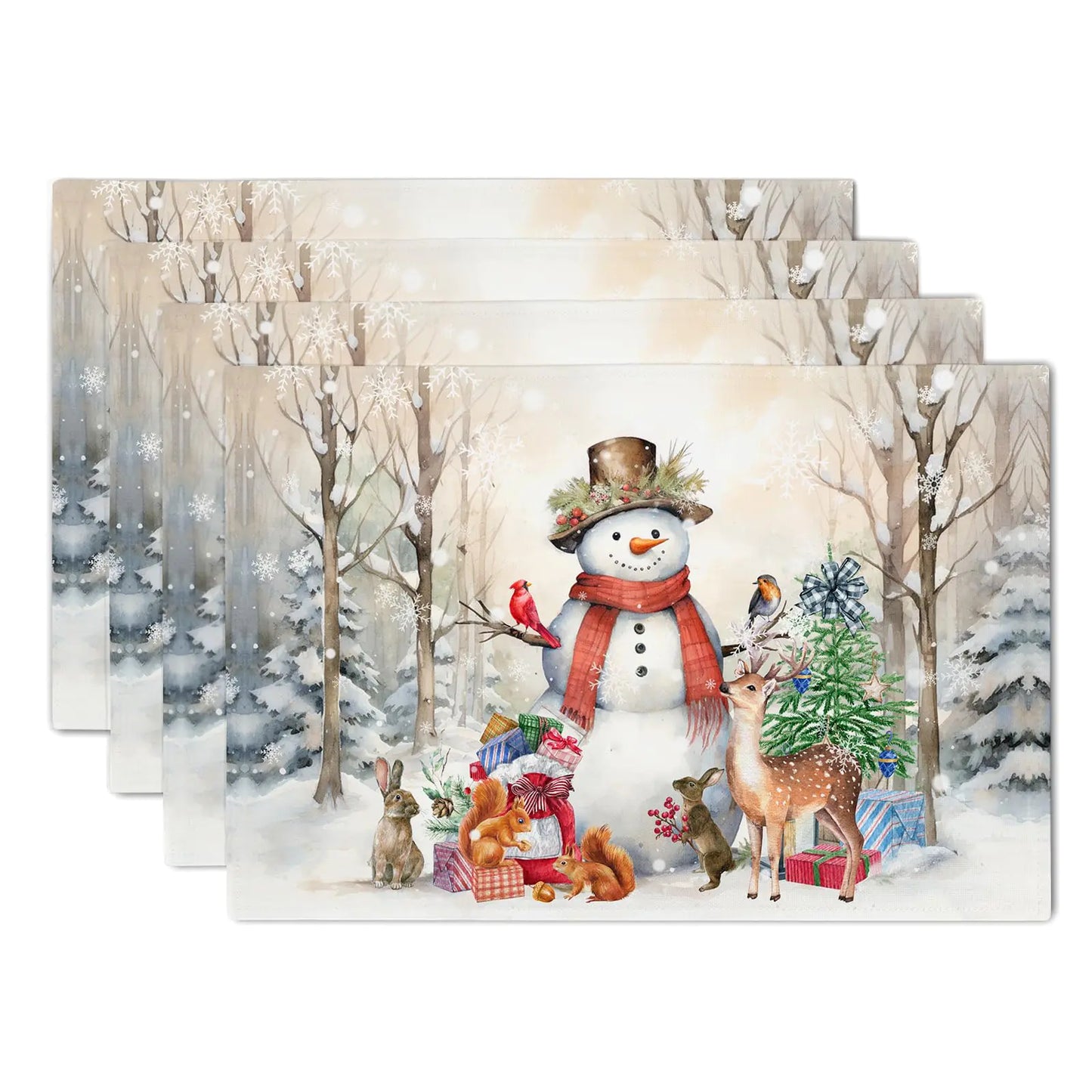Winter Snowman Placemats Set of 4 Winter Forest Seasonal Place Mats 12 x 18 Inch Waterproof Seasonal Xmas Vinter Heat Resistant Table Mats for Snowflakes Holiday Party Home Kitchen Dining Decoration