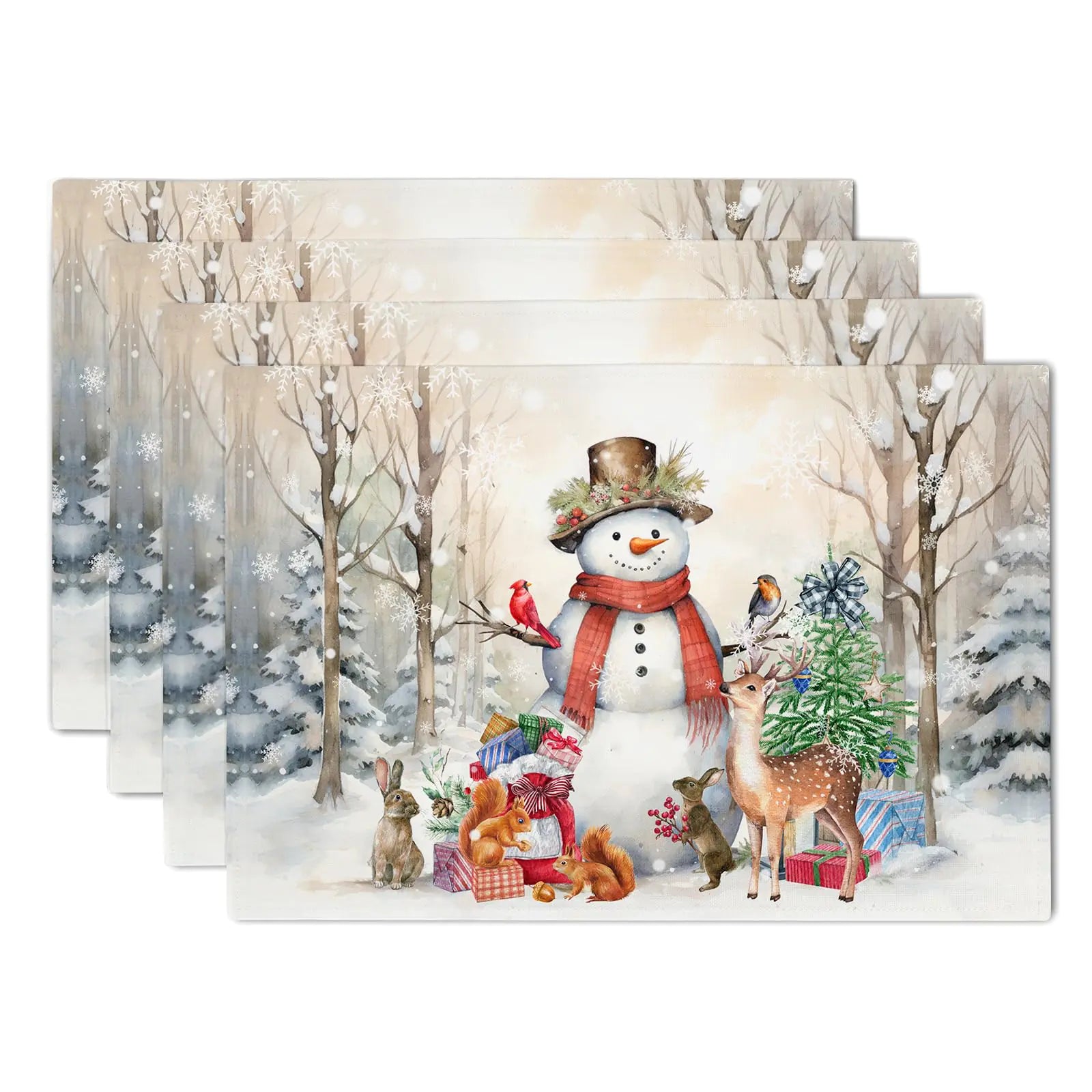 Winter Snowman Placemats Set of 4 Winter Forest Seasonal Place Mats 12 x 18 Inch Waterproof Seasonal Xmas Vinter Heat Resistant Table Mats for Snowflakes Holiday Party Home Kitchen Dining Decoration