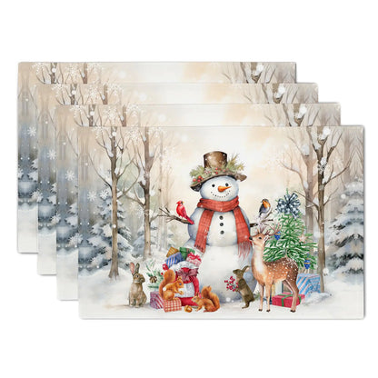 Winter Snowman Placemats Set of 4 Winter Forest Seasonal Place Mats 12 x 18 Inch Waterproof Seasonal Xmas Vinter Heat Resistant Table Mats for Snowflakes Holiday Party Home Kitchen Dining Decoration