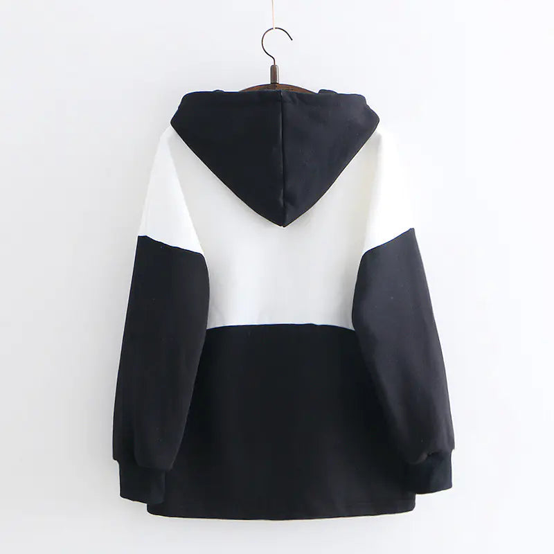 Cartoon Color Block Black and White Cat Embroidered Hoodie