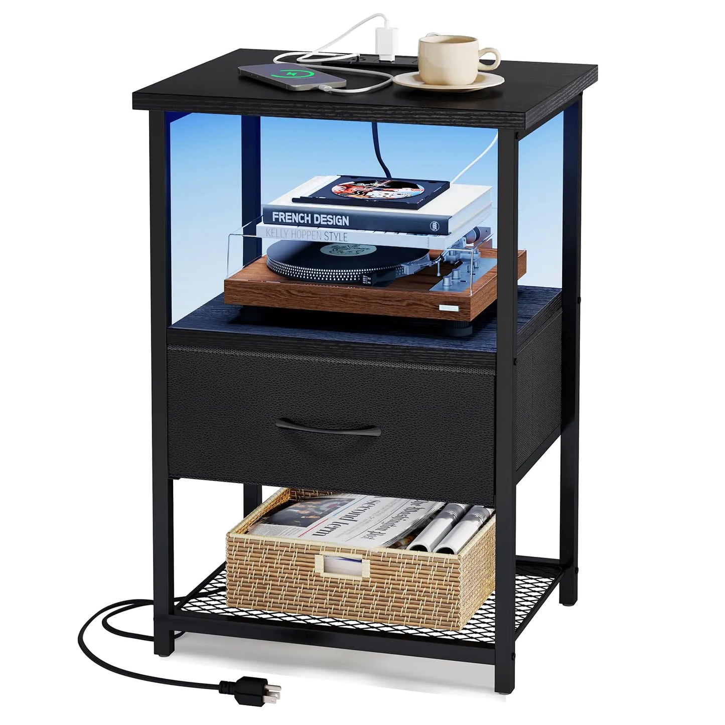 Fixwal Night Stand with Charging Station LED Nightstand with Fabric Drawers End Table with PU Finish Bedside Table Black