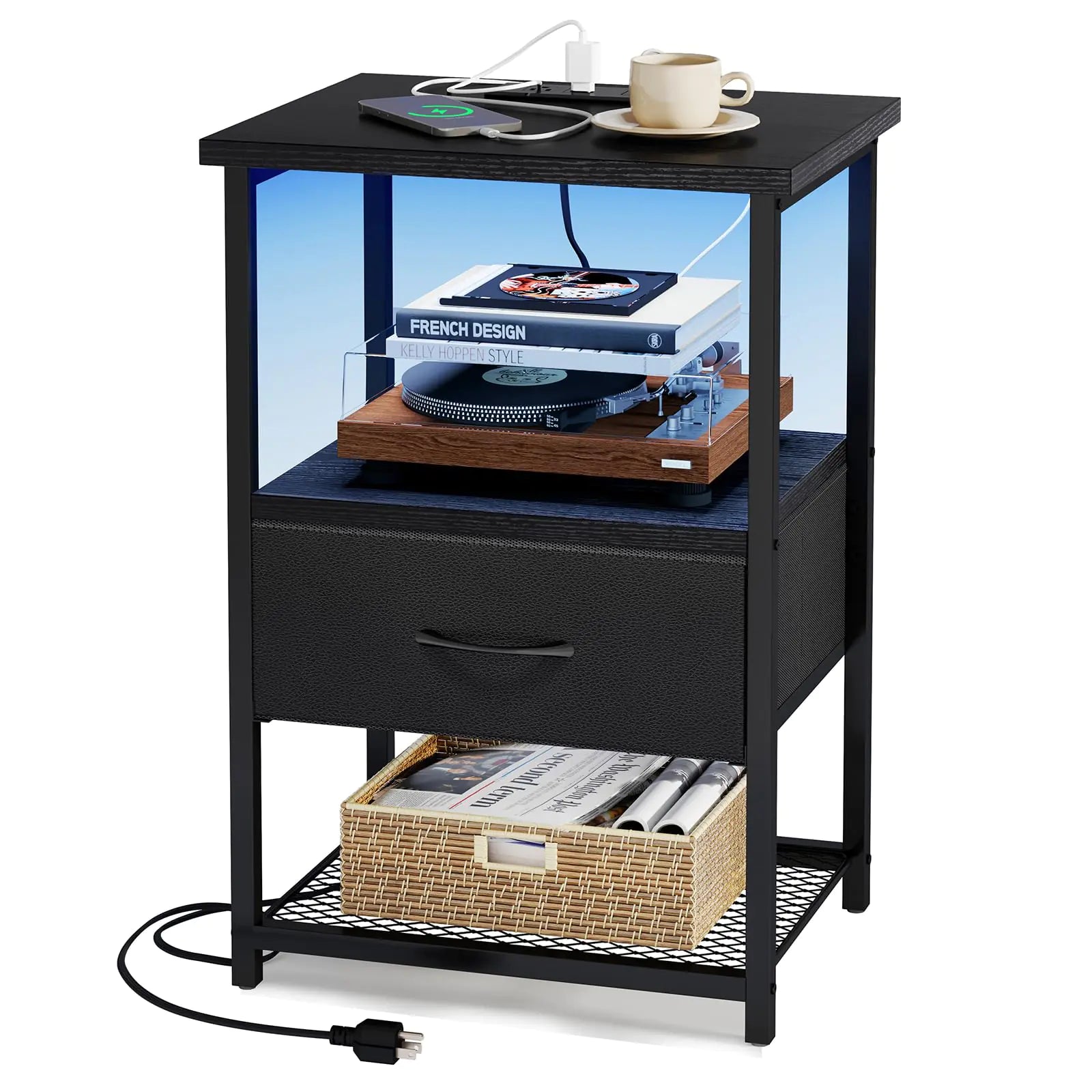 Fixwal Night Stand with Charging Station LED Nightstand with Fabric Drawers End Table with PU Finish Bedside Table Black