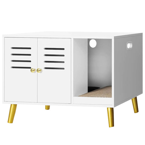 WEENFON Cat Litter Box Furniture Hidden Litter Box Enclosure with 2 Mats Litter Mat & Scratching Mat Pet Crate Cat Washroom Cabinet Fits Most Litter Box Louvered Doors White