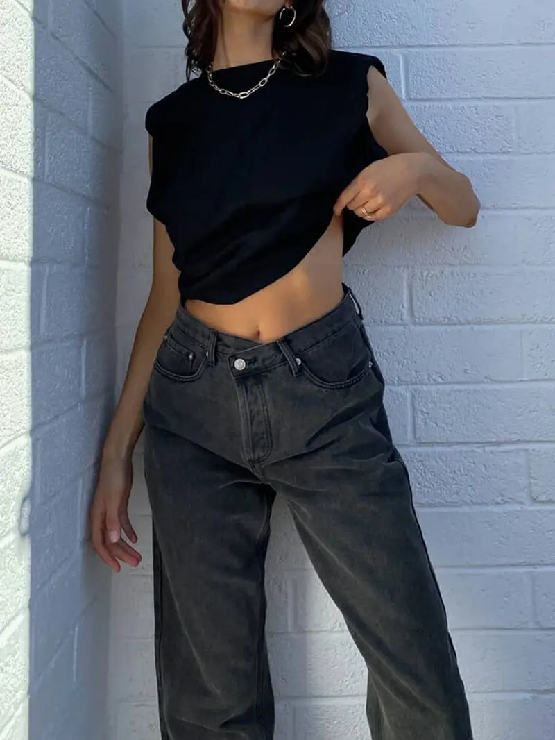 Gray High-Rise Straight Leg Baggy Jeans with Pockets